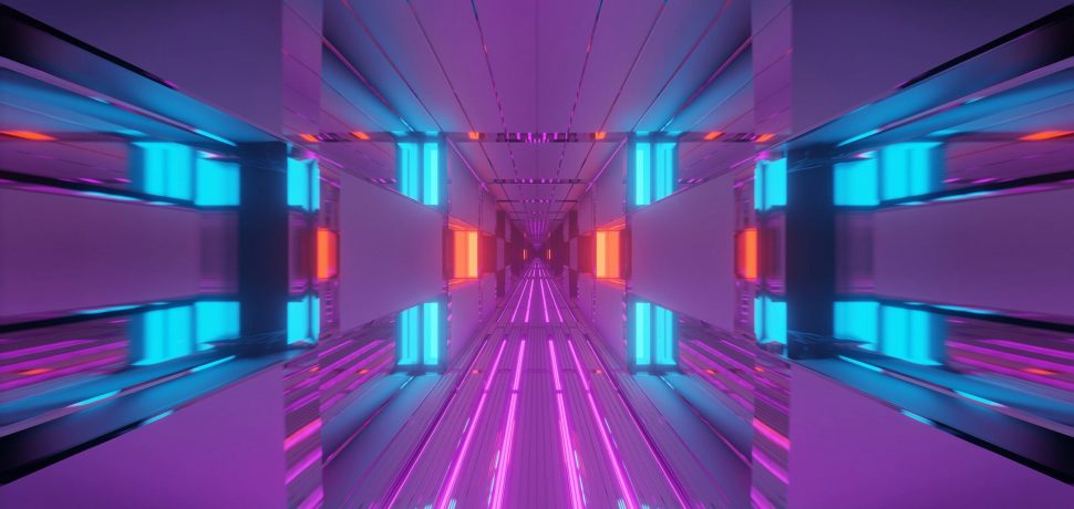 A futuristic tunnel corridor with neon glowing lights, a  3D rendering background wallpaper